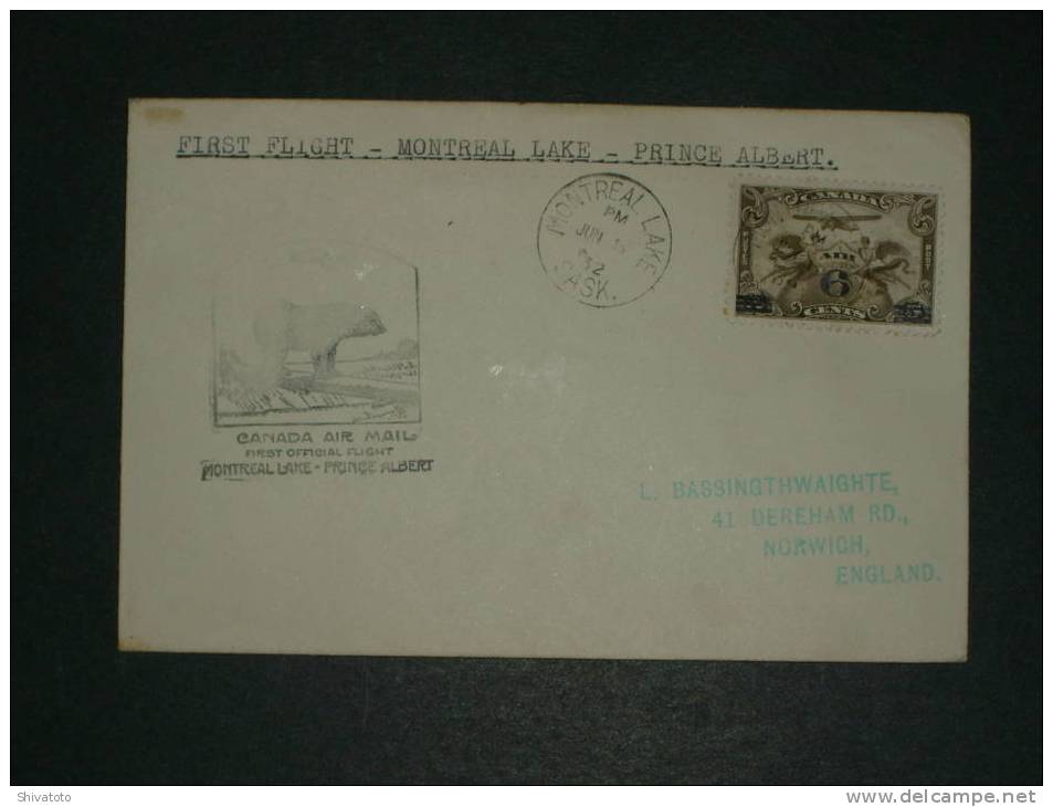 (537) First Flight Cover From Montreal Lake(Canada-06/08/1932)to Norwich(UK) - First Flight Covers