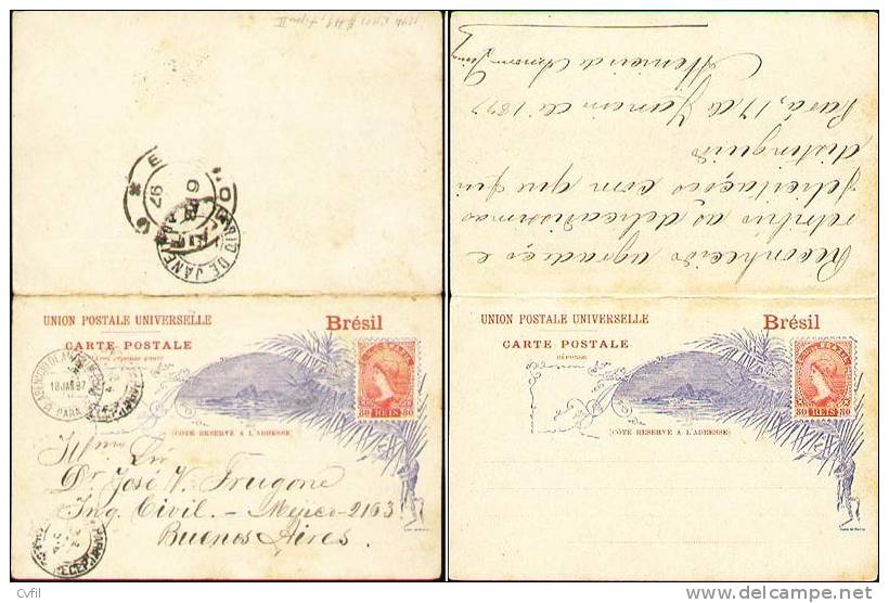 BRAZIL 1897 - THE SCARCE DOUBLE ENTIRE POSTAL CARD Of 80 REIS To BUENOS AIRES - Postwaardestukken