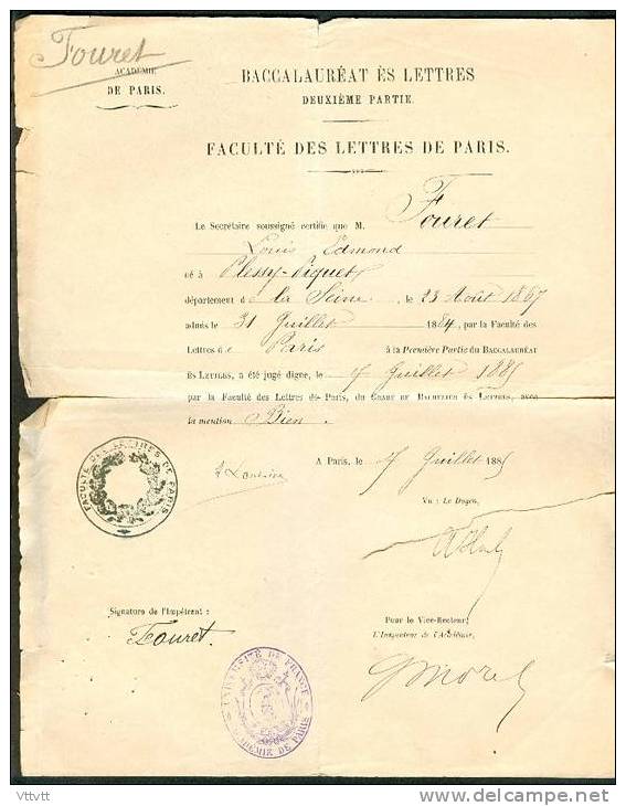 Baccalauréat Es Lettres (Facultée De Paris, 1885), Certificat De Mention Bien, Cachets De La Facultée Et De L´Université - Diplômes & Bulletins Scolaires