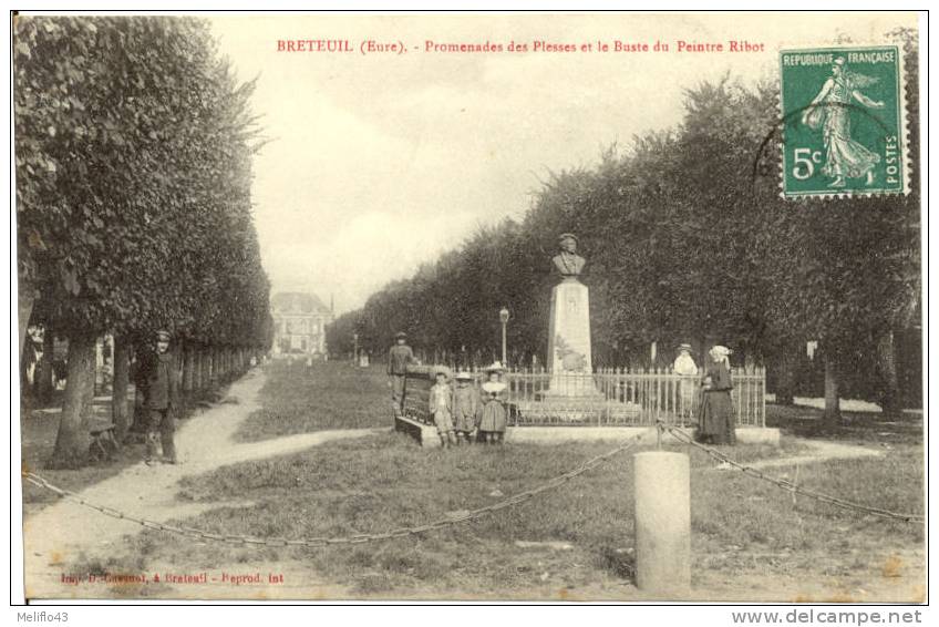 27/ CPA A - Breteuil - Promenades Des Plesses Et Le Buste Du Peintre Ribot - Breteuil