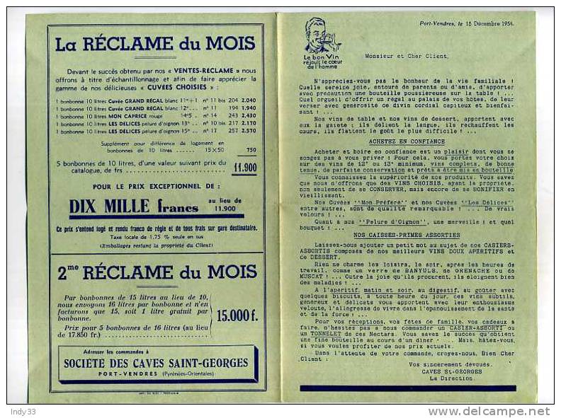 - PROSPECTUS EN DOUBLE PAGE DES VINS DE LA SOCIETE DES  CAVES St-GEORGES .A PORT-VENDRES . DEC. 1954 - Alcohols