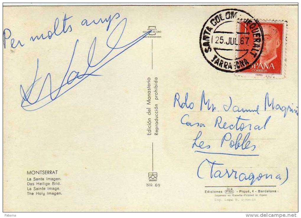 Postal, Santa Coloma De Queralt (Tarragona) 1967, Post Card, Postkarte - Covers & Documents