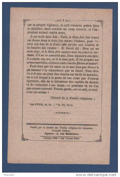 LE CERF - EXTRAIT DE LA FEUILLE RELIGIEUSE - SOCIETE DES TRAITES RELIGIEUX DE LAUSANNE - 1882 - UNE FEUILLE - Pubblicitari