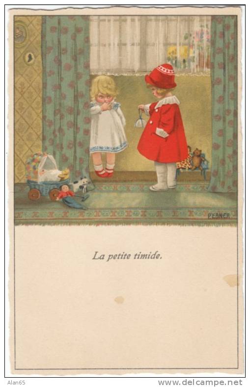 Pauli Ebner Artist Signed Postcard, M.D. #1202, 'La Petite Timide', Children With Toys, Dolls, Bear - Ebner, Pauli