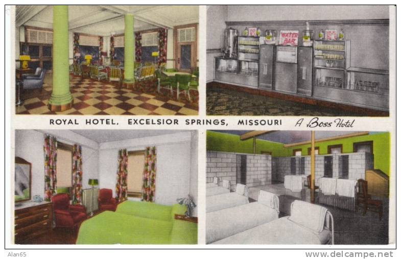 Excelsior Springs MO, Royal Hotel, Health Spa Mineral Springs Resort, Art Tone Linen Postcard. Water Bar - Altri & Non Classificati