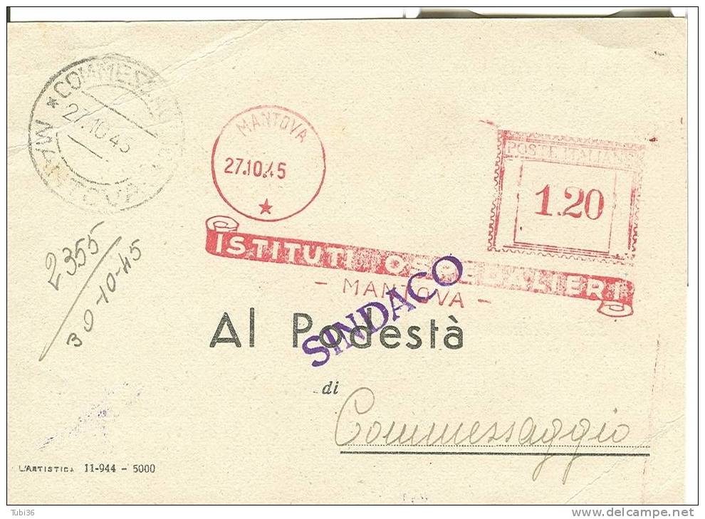 ISTITUTI OSPEDALIERI MANTOVA - CARTOLINA POSTALE  PRIVATA VIAGGIATA  1945 - AFFRANCATURA A MACCHINA  £.1,20 - Mantova