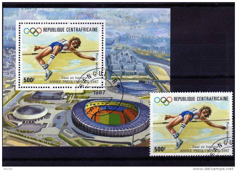 Leichtathletik Sommer-Olympia 1988 Zentralafrika 1286+Block 420 O 8€ Sprung Hb Bloc Olympic Sheet Bf Centrafricaine - Centrafricaine (République)
