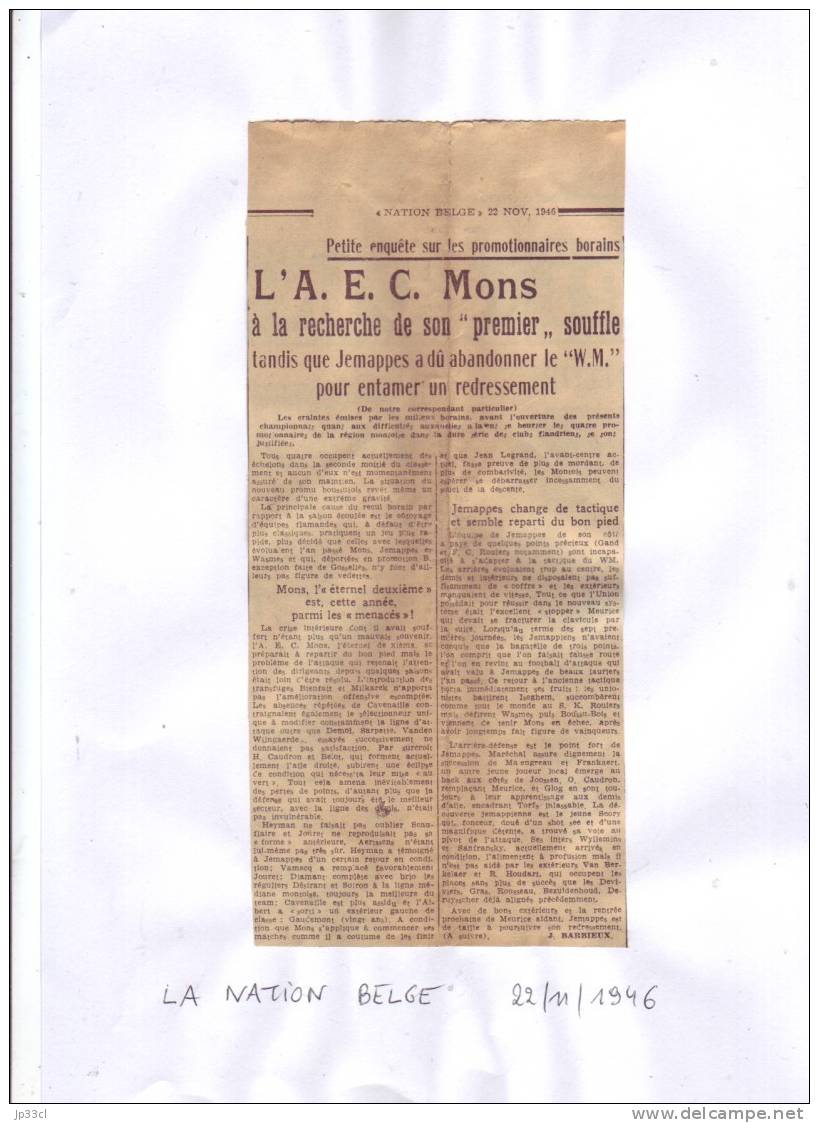 Football -  La Situation Des Clubs Du Borinage RAEC MONS Et JEMAPPES (22/11/1946) - Informations Générales