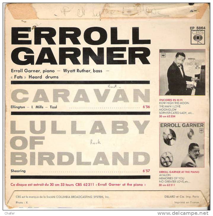 Vinyle 45 Tours  Deux Titres - Erroll Garner - CBS Ep 5864 - Caravan - Instrumentaal