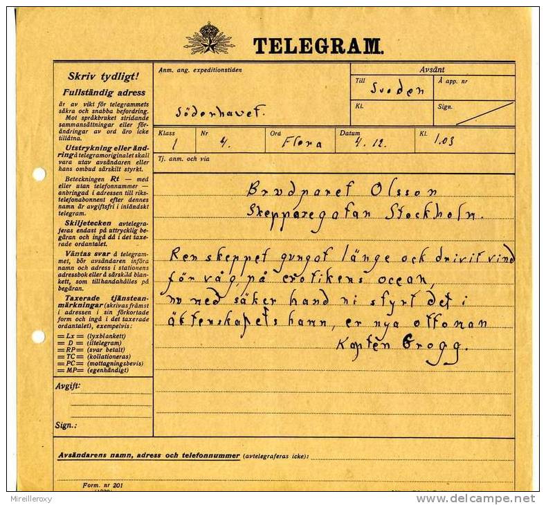 POSTE / FORMULAIRE TELEGRAMME / TELEGRAPHES / SUEDE - Télégraphes Et Téléphones