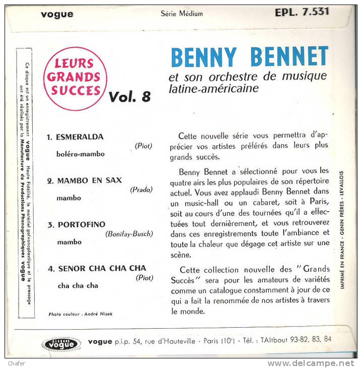 Vinyle 45 Tours  - Benny Bennet - Vogue EPL 7.531 - Esmeralda - Instrumental