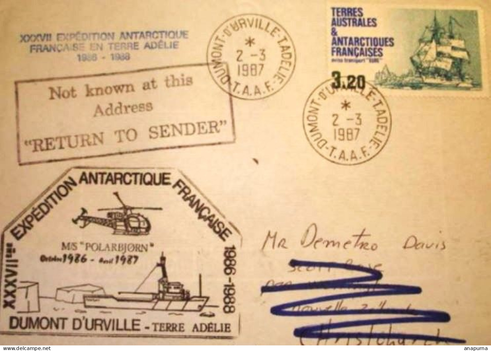 Pli Terre Adélie. Cachet Illustré Polarbjorn 86-88, Epf Missions Pev,  Et Oblitération Christchurch Nouvelle Zélande - Cartas & Documentos