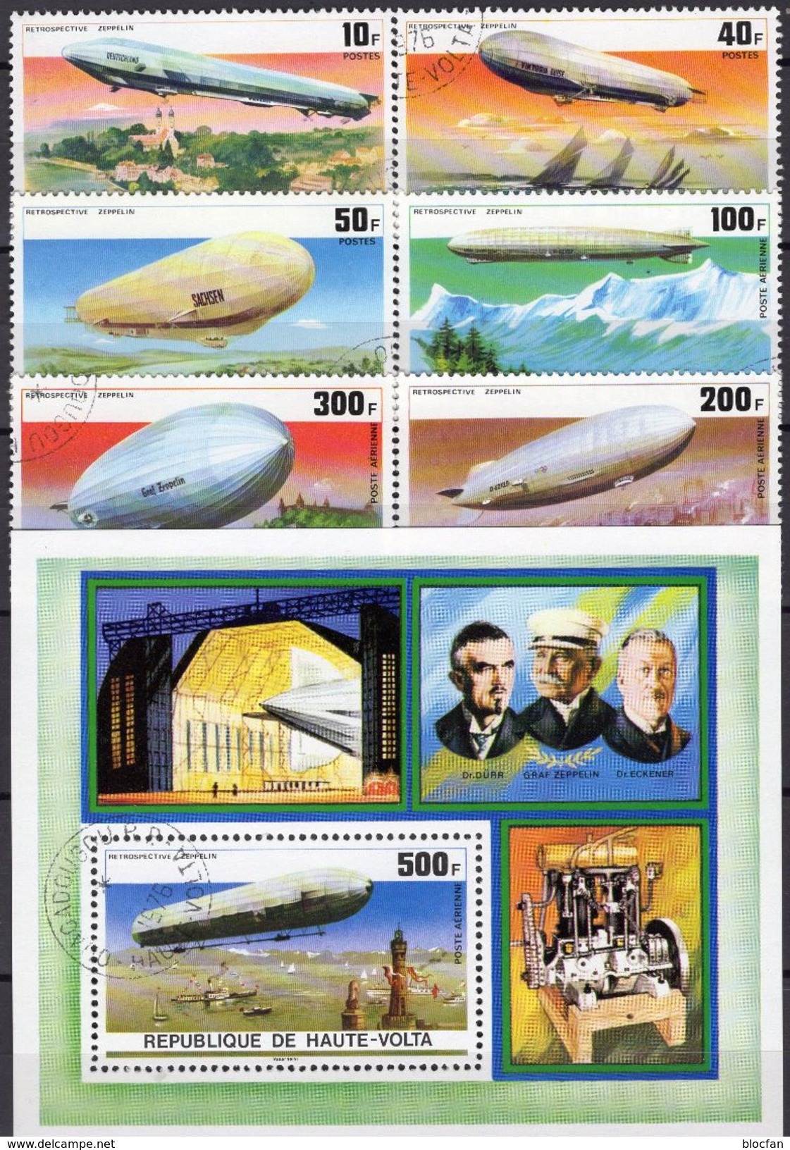 Fahrt über Bodensee 1976 Obervolta 625/0+Block 42 O 6€ 75 Jahre Zeppelin Hoja Bloc Ss Airmail Sheet Bf Haute-Volta - Zeppelins