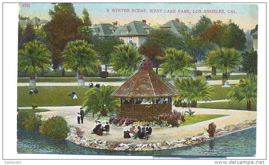 Ca 1920 A Winter Scene,kiosk, Kiosque, West Lake Park Los Angeles CA Pre-linen Publ.: Bosselman, NY - Los Angeles