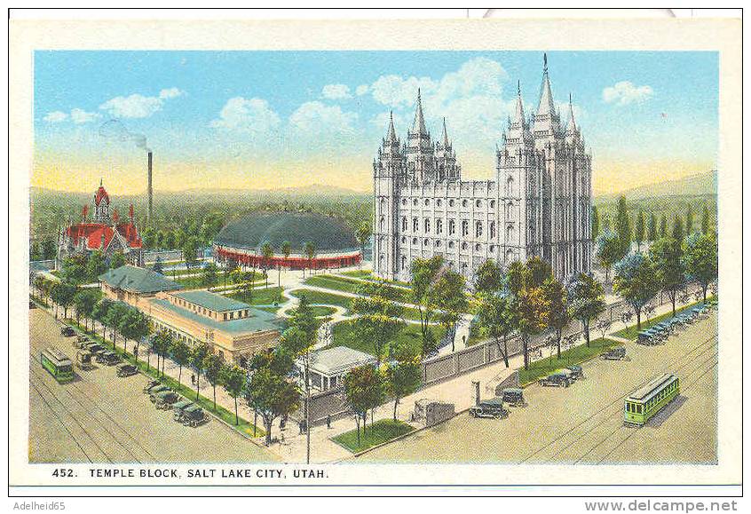 Mormon Temple Block, Salt Lake City, Utah, Tram, Tramway, Autos, Voitures Pre-linen (mormons, Mormonen, Mormone) - Salt Lake City