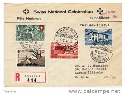 CH340a/ SCHWEIZ, Bundesfeier-Kuvert + Satz, FDC, 15.6.46, Ex Braunwald Nach USA - Briefe U. Dokumente