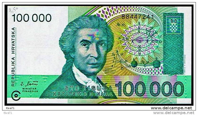 100 000 Dinara   "CROATIE"  1993     UNC    Bc 25 - Croacia