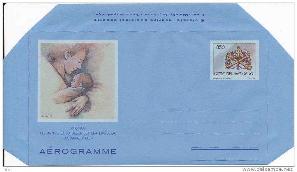 VATICANO 1993 AEROGRAMMA "HUMANAE VITAE" 25° ANNIVERSARIO DELLA ENCICLICA 1968. MNH** - Airmail