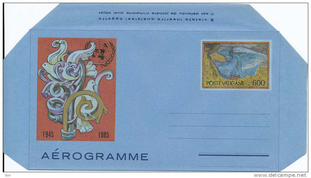 VATICANO 1985 AEROGRAMMA O.N.U. 40° ANNIVERSARIO. MNH** - Luftpost