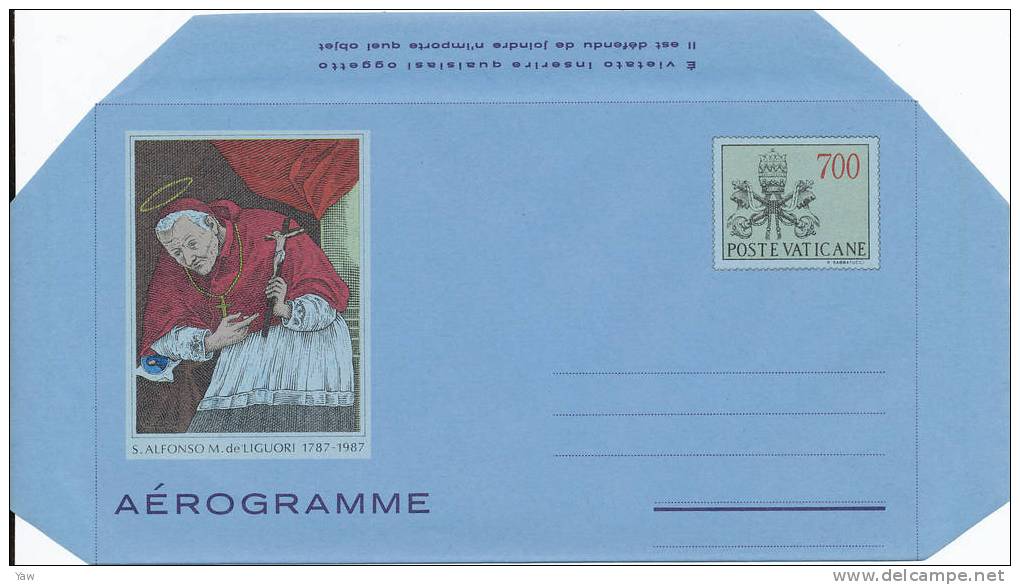 VATICANO 1987 AEROGRAMMA SAN ALFONSO M. DE´ LIGUORI 1787 - 1987. MNH** - Poste Aérienne