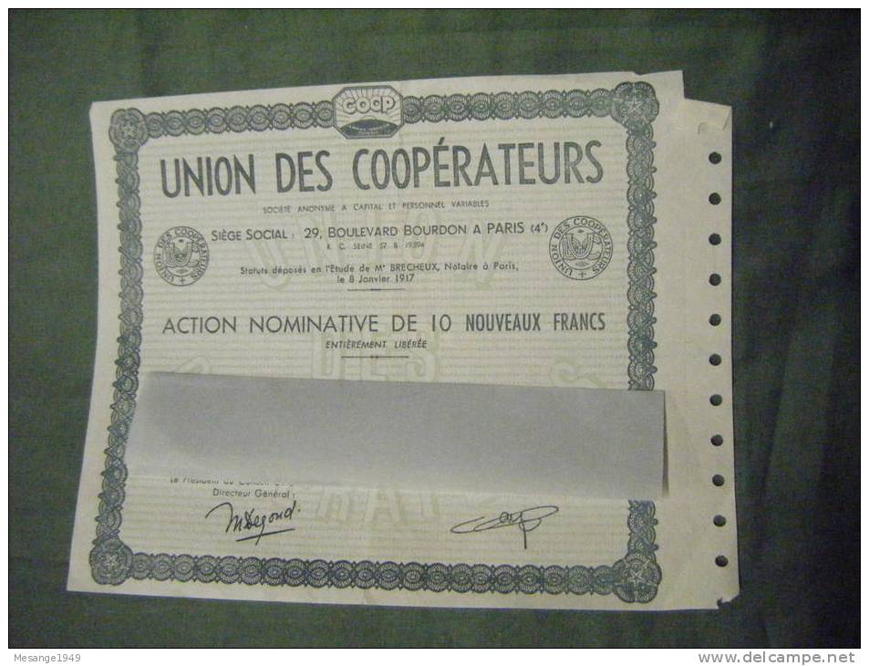 Action-coop- Nominative De 10 Nouveaux  Francs Union Des Cooperateurs  Avec Des Coupons En1962 -24-9980 - Sonstige & Ohne Zuordnung