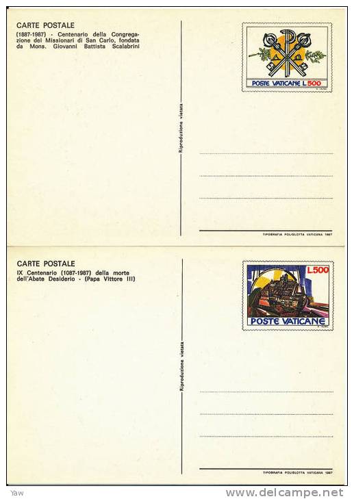 VATICANO 1987 CARTE POSTALE: 100° DELLA CONGREGAZIONEDEI MISSIONARI DI SAN CARLO. X 2 MNH** - Other & Unclassified