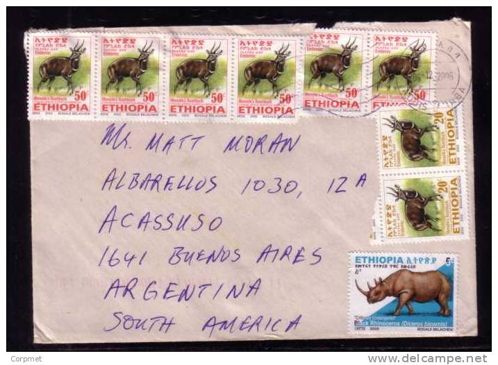 BLACK RHINOCEROS + GAZELLES - PROFUSE FRANKING (8 Stamps) ETHIOPIA COVER To BUENOS AIRES - Rhinoceros