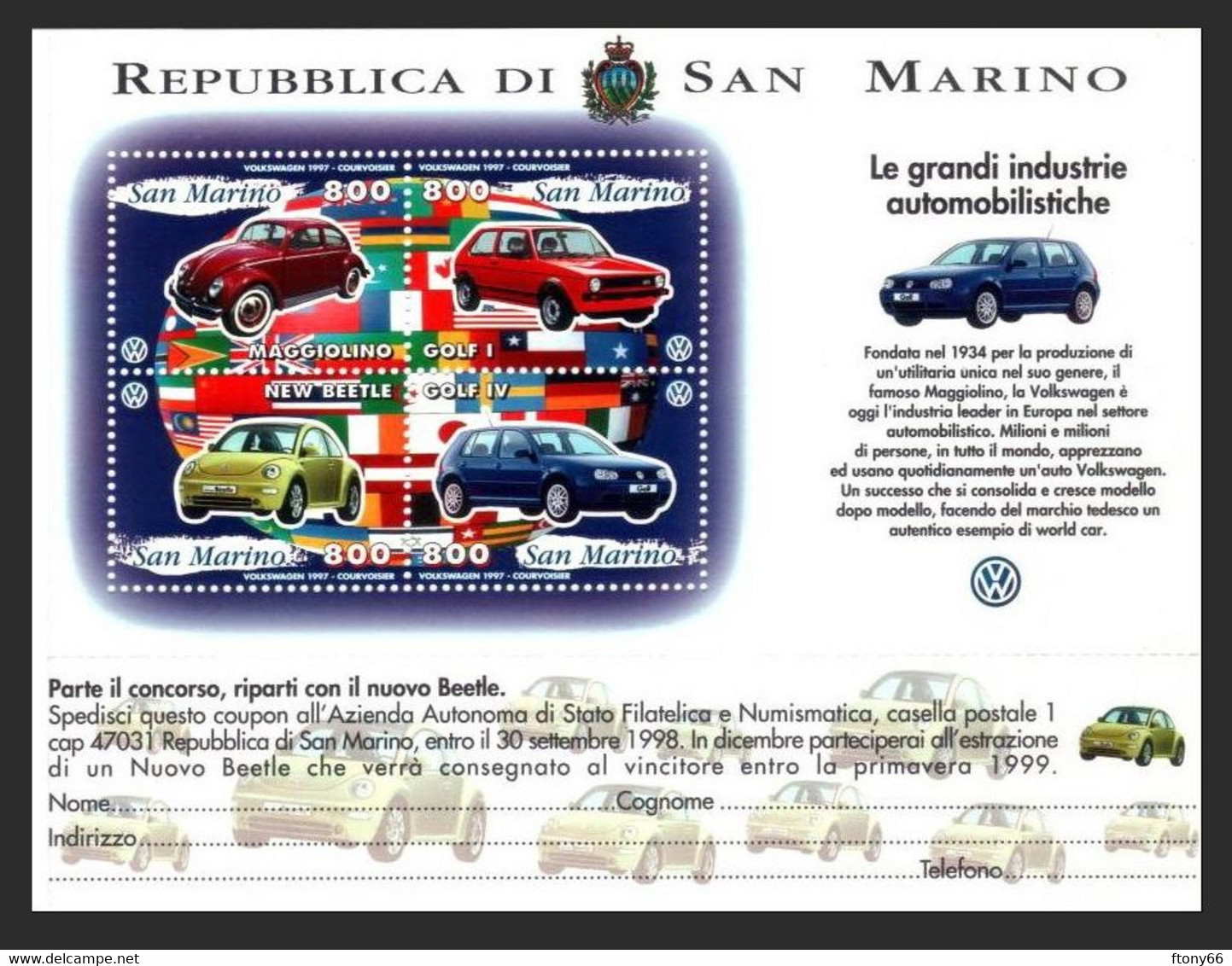 1997 San Marino Foglietto "Industrie Automobilistiche - VOLKSWAGEN" - Nuovo Gomma Integra MNH** - Blocs-feuillets