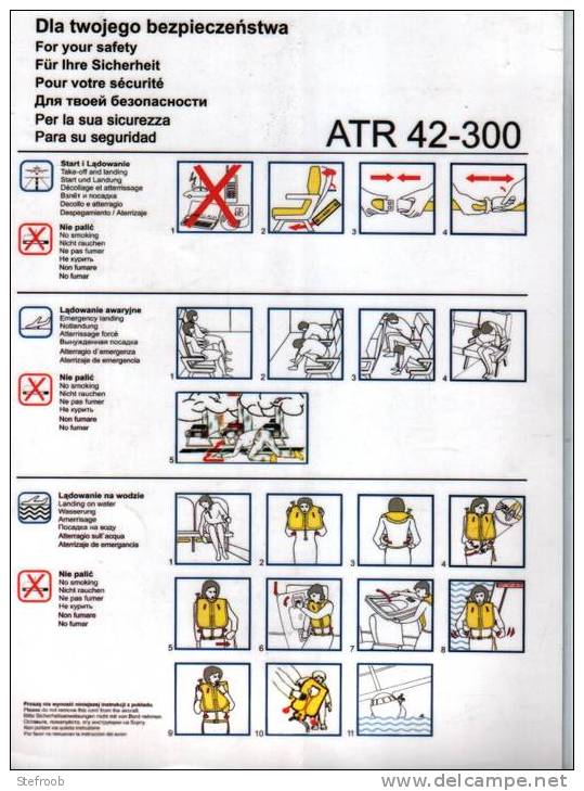 Veiligheidskaart -  ATR 42 -300  - POLEN : White Eagle Aviation  WEA (Niet Meer Actief!)  : Voor- En Achterz.Geplastific - Veiligheidskaarten