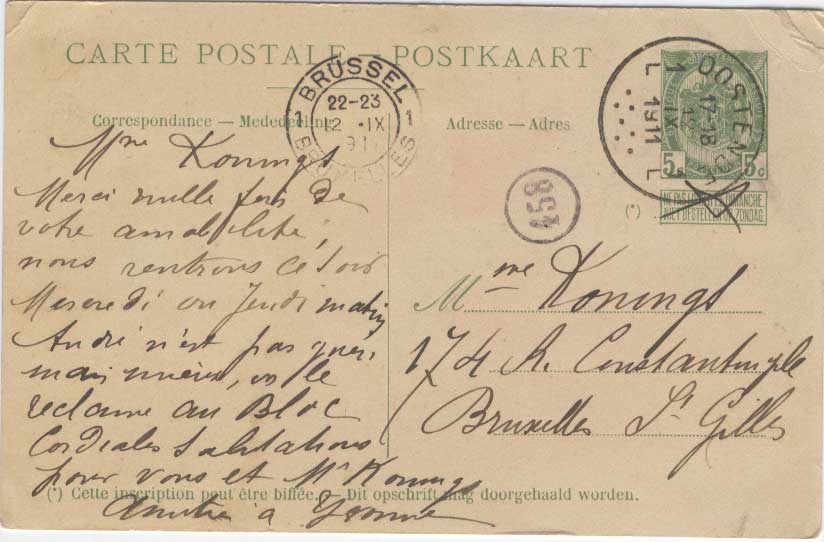 Carte Paquebot N°10 - Jan Breydel - Obl : Oostende : 12-IX-1911 - Tarjetas Transatlánticos