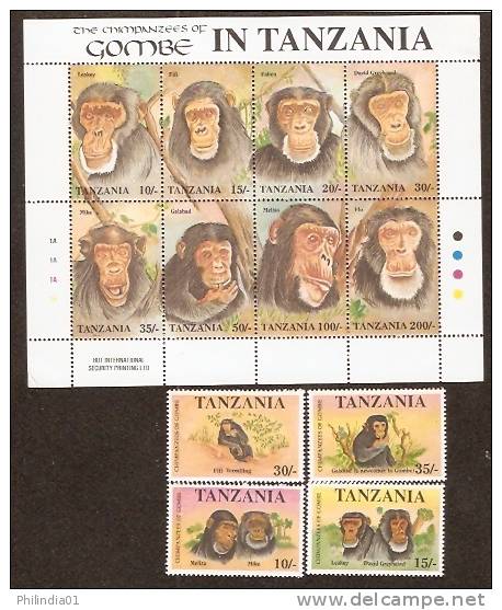 Tanzania 1992 Chimpanzees Monkey Wildlife Mammals 4v Set + Sheetlet  MNH # A01383 - Chimpancés