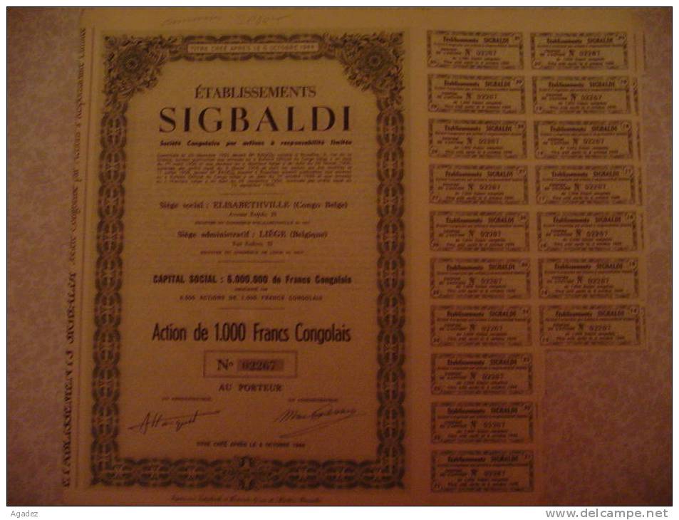 Action De 1000 Francs Congolais Etablissements SIGBALDI Siège Soc.Elisabethville Congo Siege Adm.Liege 1956 - Africa