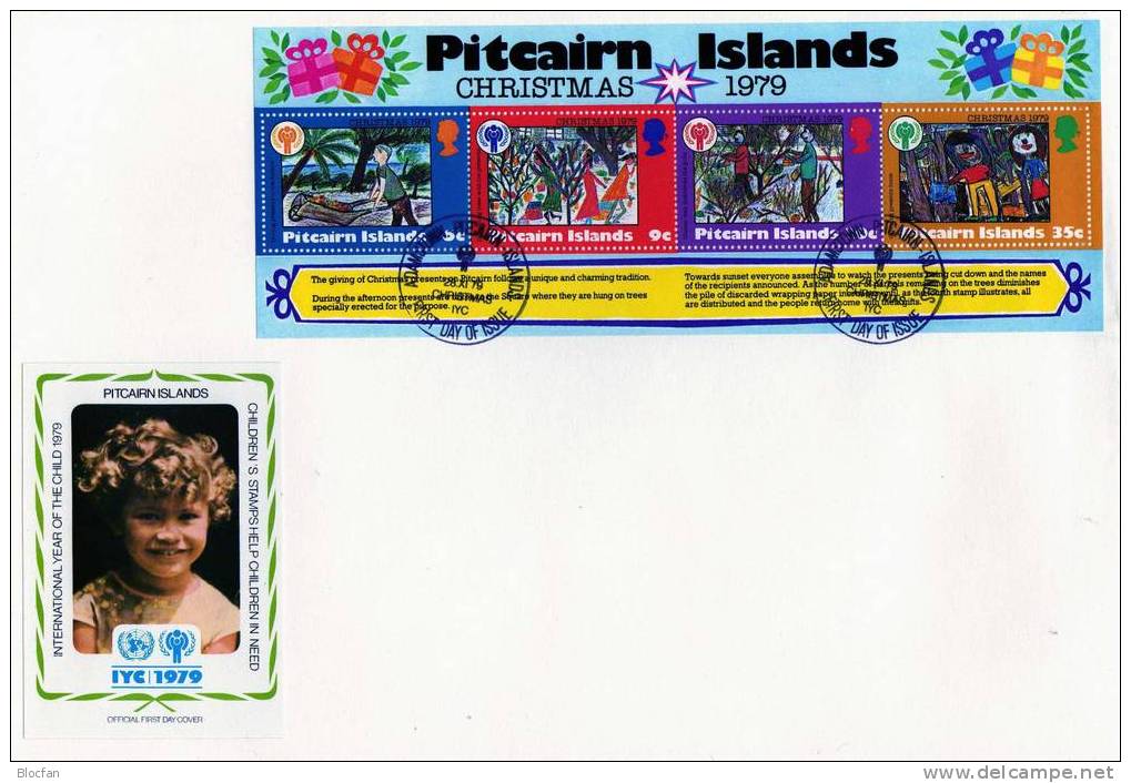 UNO Jahr Des Kindes 1979 Weihnachten Pitcairn-Insel 188/1+Block 5 Auf 2FDC 9€ Children Sheet Document Letter Of UNESCO - Pitcairneilanden