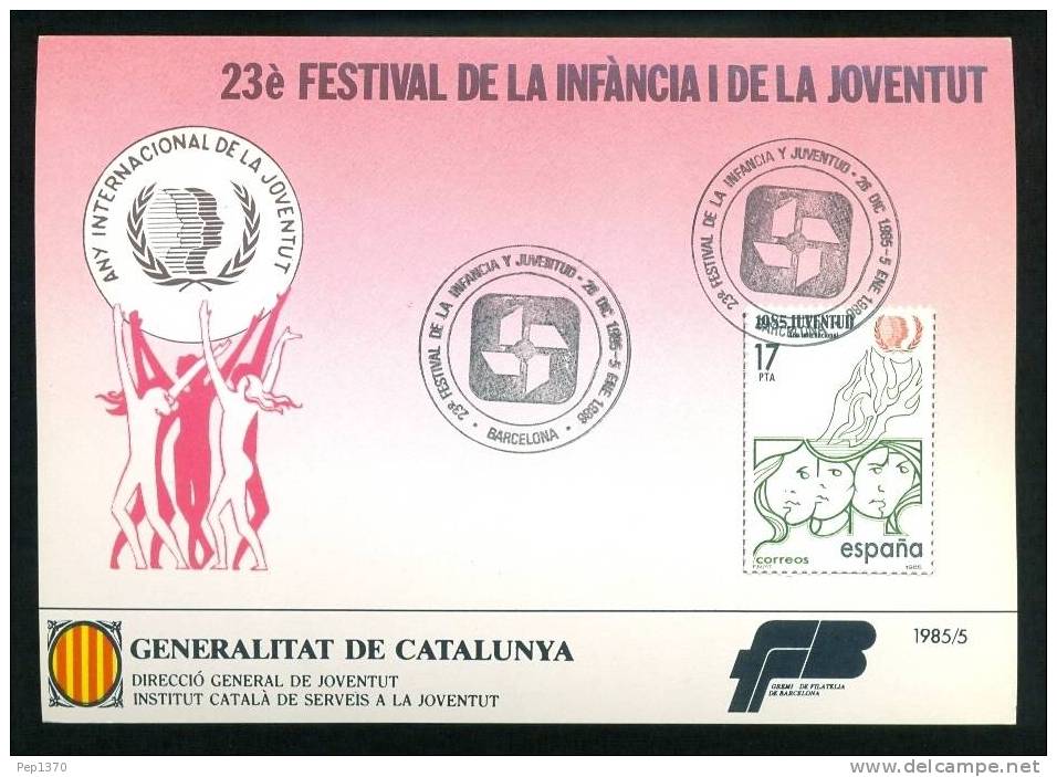 ESPAÑA 1985 TARJETA POSTAL PRIMER DIA DEL 23º FESTIVAL DE LA JUVENTUD Y LA INFANCIA  (RARO) - Feuillets Souvenir