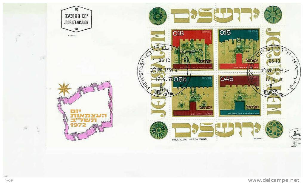 ISRAEL FDC 1972 PORTES DE JERUSALEM BLOC FEUILLET 4 VALEURS - Jewish