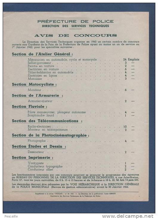 PARIS - PREFECTURE DE POLICE - AVIS DE CONCOURS - 1962 - Documents Historiques