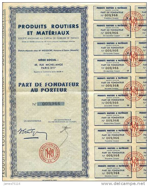 Produits Routiers Et Matériaux – Part De Fondateur. 1947. TB. - P - R