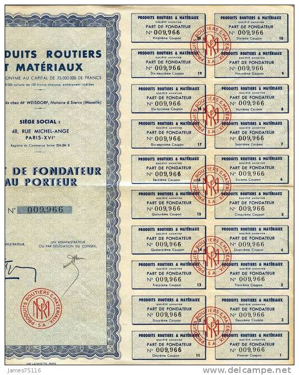 Produits Routiers Et Matériaux – Part De Fondateur. 1947. TB. - P - R