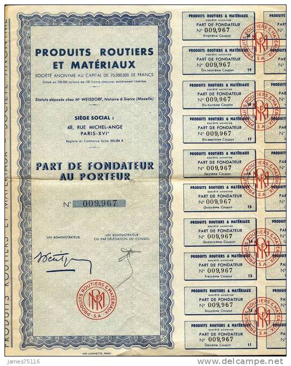 Produits Routiers Et Matériaux – Part De Fondateur. 1947. TB. - P - R