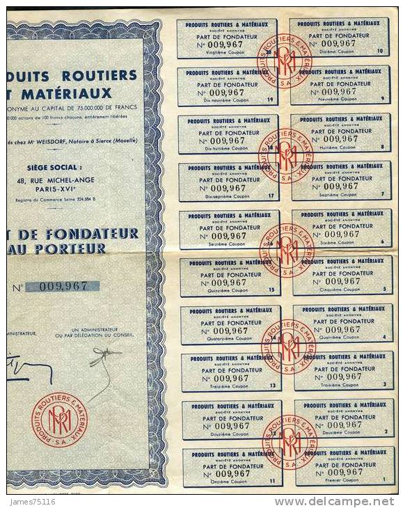 Produits Routiers Et Matériaux – Part De Fondateur. 1947. TB. - P - R