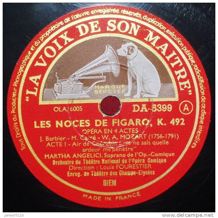 W-A MOZART - Les Noces De Figaro. (Marta Angelici, Soprano). 78T Etat Neuf - 78 Rpm - Gramophone Records