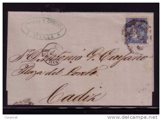 ESPAÑA - SPAIN - EDIFIL # 75a - 1865 ENTIRE COVER SEVILLA To CADIZ - Recepción Al Dorso - Briefe U. Dokumente