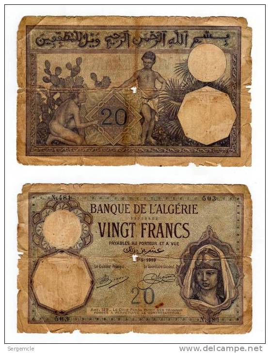 Rarissime Billet De 20 Francs 1919  (grand Format ) - Algerije