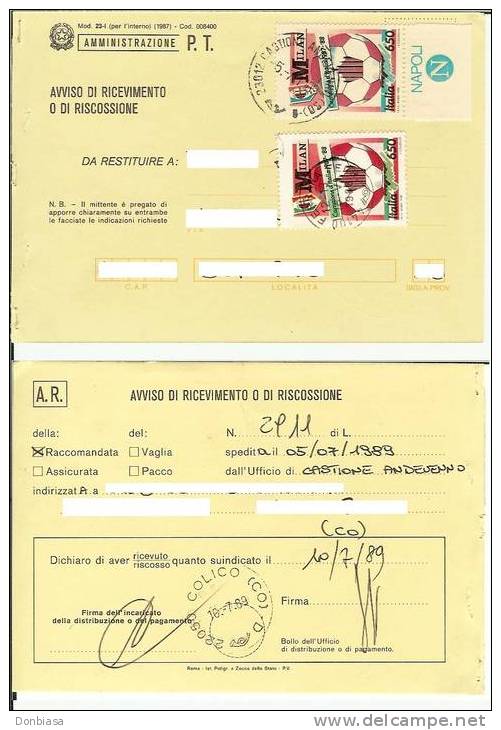 Rep. Italiana, 1988: Varietà "Milan Azzurro" Con Appendice Napoli, Viaggiato Su Ricevuta Di Ritorno - Variétés Et Curiosités