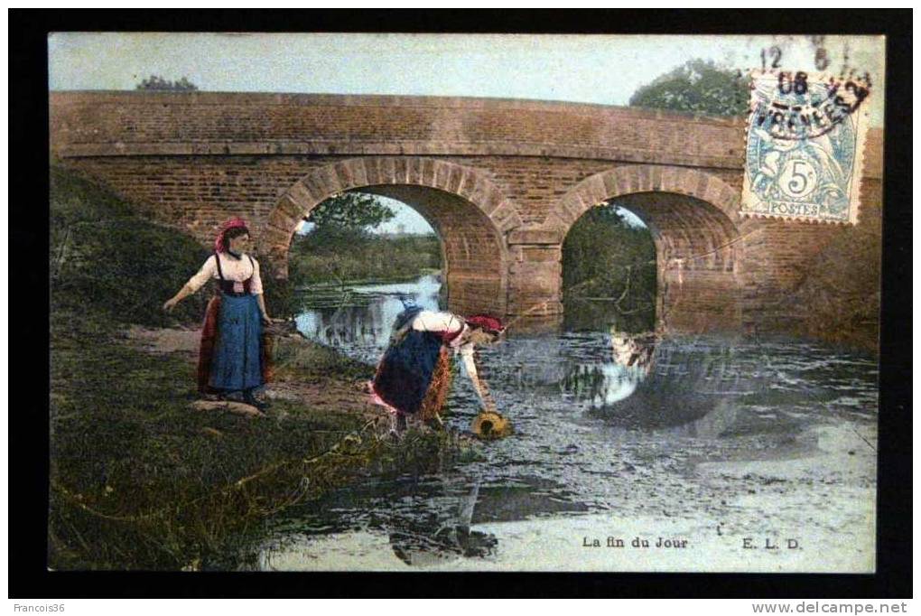 La Fin Du Jour - Paysannes Fermières Allant Chercher De L'eau - 1906 Carte écrite Et Timbrée Colorisée Très Bon état - Fermes