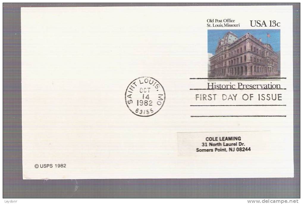 FDC Postal Card - Old Post Office St. Louis, Missouri - Historic Preseervation - Scott # UX97 - 1981-1990