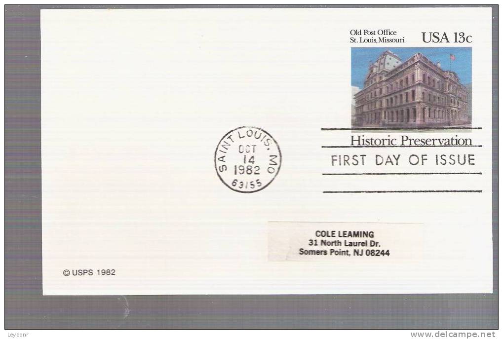 FDC Postal Card - Old Post Office St. Louis, Missouri - Historic Preseervation - Scott # UX97 - 1981-1990