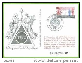 AN 1 : FDC 26/09/1992 à Paris Sur Entier Postal : L´an Premier De La République - Souvenir Philatélique De La Poste (cp) - Franse Revolutie