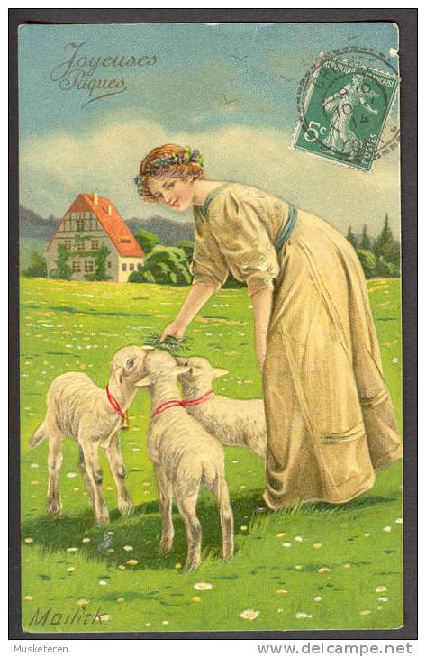 France CPA Embossed Frontside Stamp Maximum Card Joyeuses Paques Girl & Sheep Alfred Mailick CHICHEE 1914 Arthuis Lavau - Mailick, Alfred