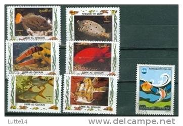 POISSONS: Lot De 7 Timbres (04) : Umm Al Qiwain - Hongrie - Fische